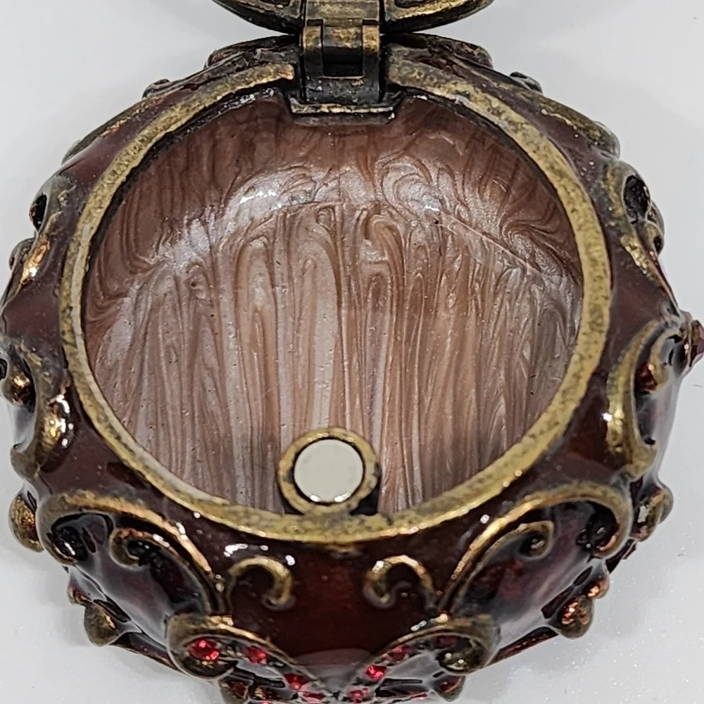 ENAMELED TRINKET BOX JULY BIRTHSTONE Red Faux Garnet Ruby Scroll Copper Toned